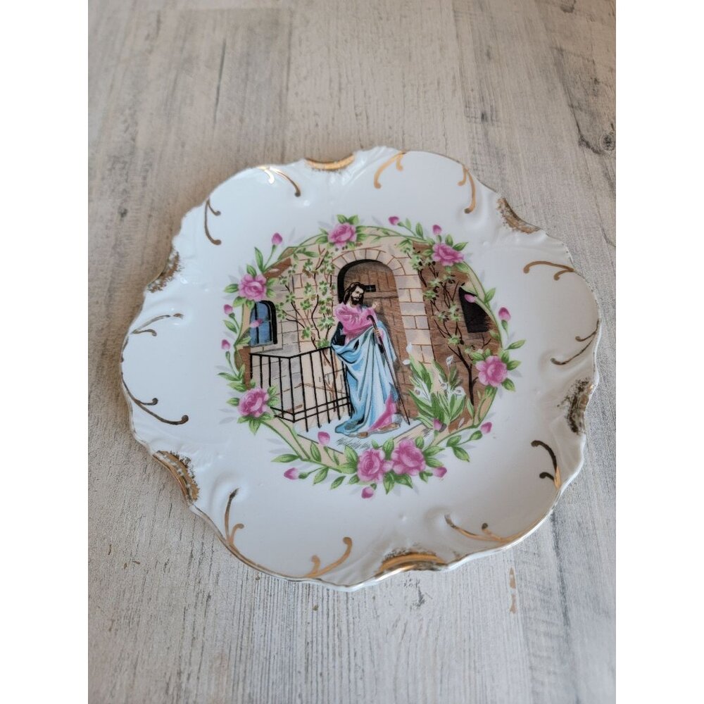 Jesus christ cross plate hanging decor Japan 18k‎ gold trim